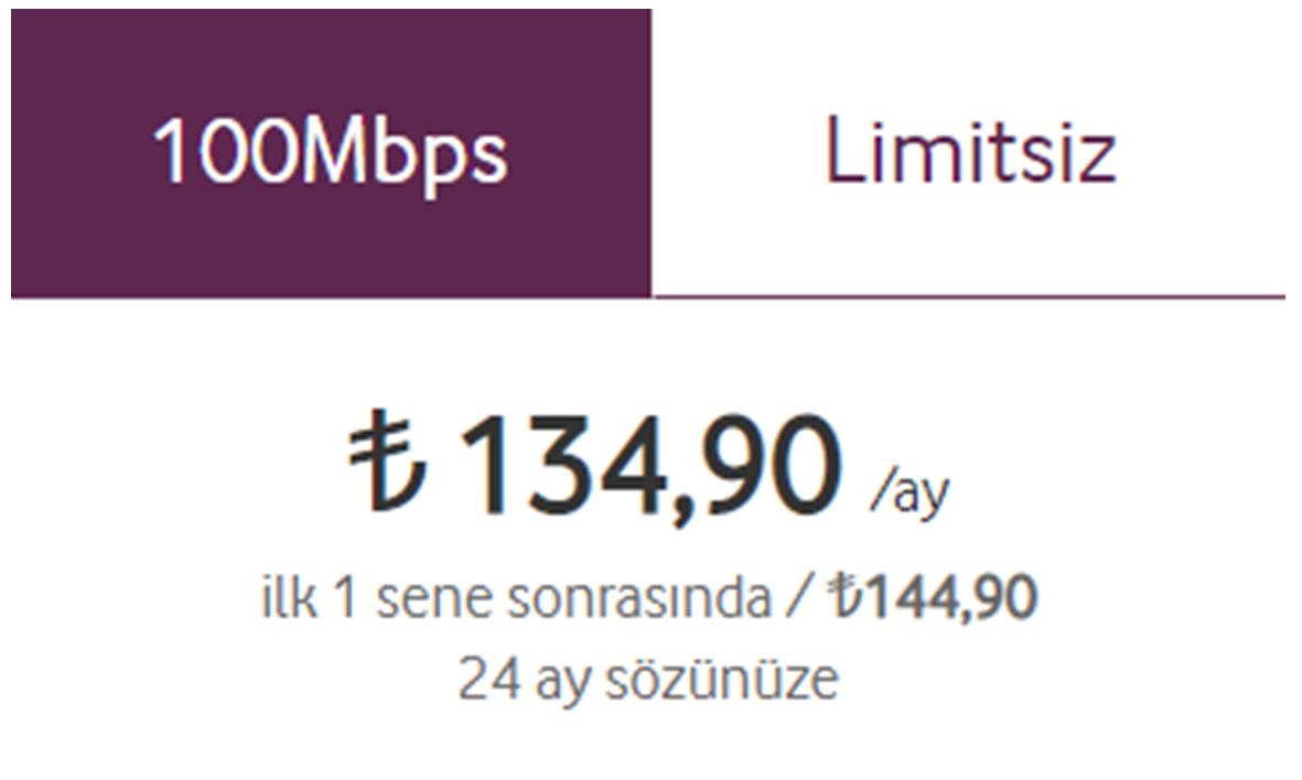 Vodafone 100 Mbps Fiber İnternet ilk 12 ay 134,9 TL
