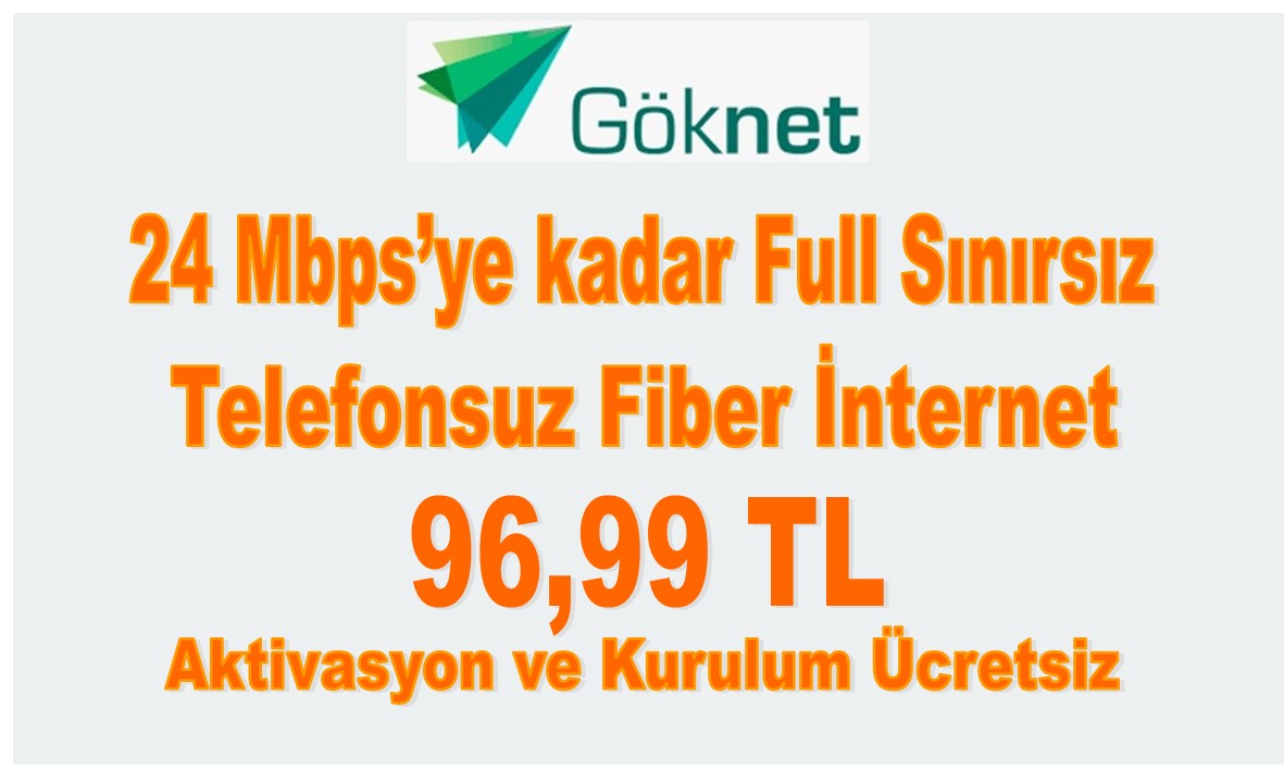 Göknet 24 Mbps’ye kadar Full Limitsiz Telefonsuz Fiber İnternet 96,99 TL